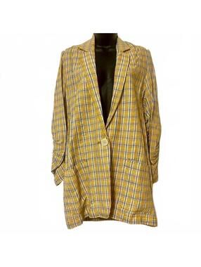 Vtg 90s Academia Lagenlook Max Lightweight Yellow Plaid Long Line Blazer M
